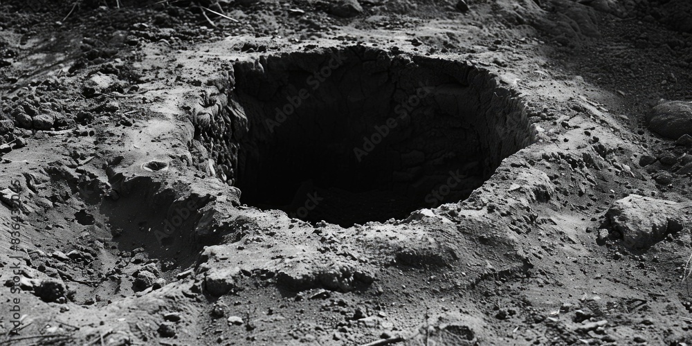 Poster A simple image of a hole in the ground in black and white, suitable for use in a variety of contexts such as architectural or engineering projects