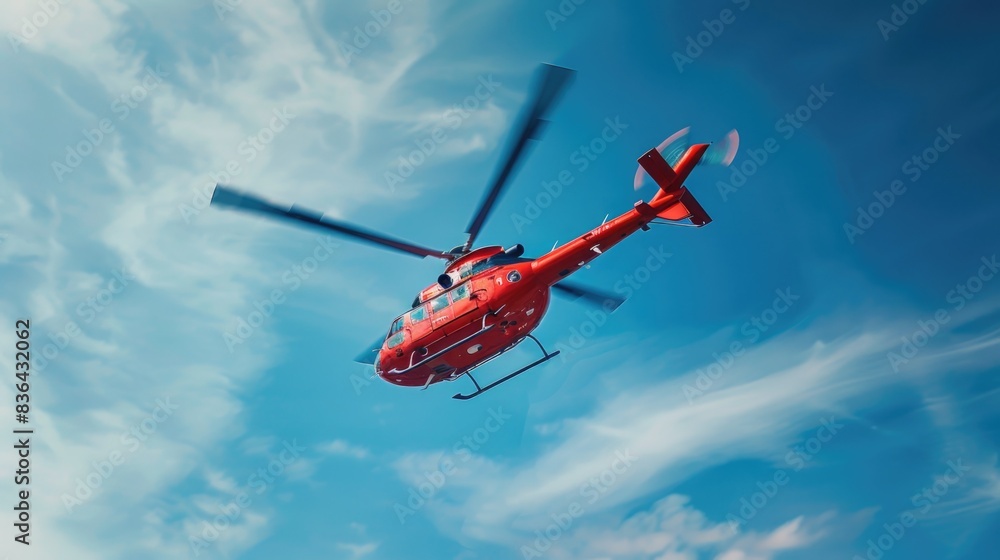 Aufkleber a red helicopter flying through a clear blue sky with no clouds or obstacles in sight