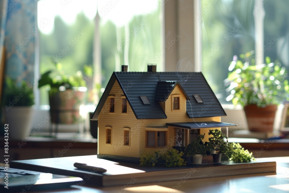 Poster a small house sits on top of a table in a home or office setting, suitable for decorative or concept