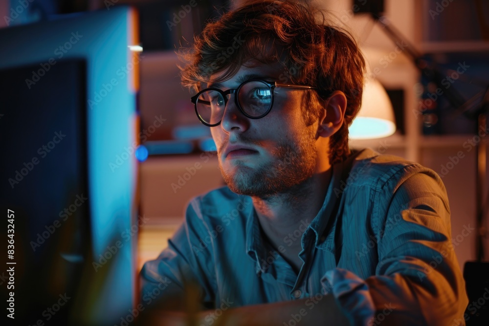Aufkleber a person sitting in front of a computer, focused on work or study