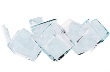 Shattered transparent glass pieces on a white background, suitable for png overlays in digital media