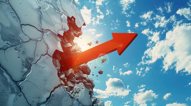 Breakthrough arrow with wall and blue sky. Success and breakthrough concept