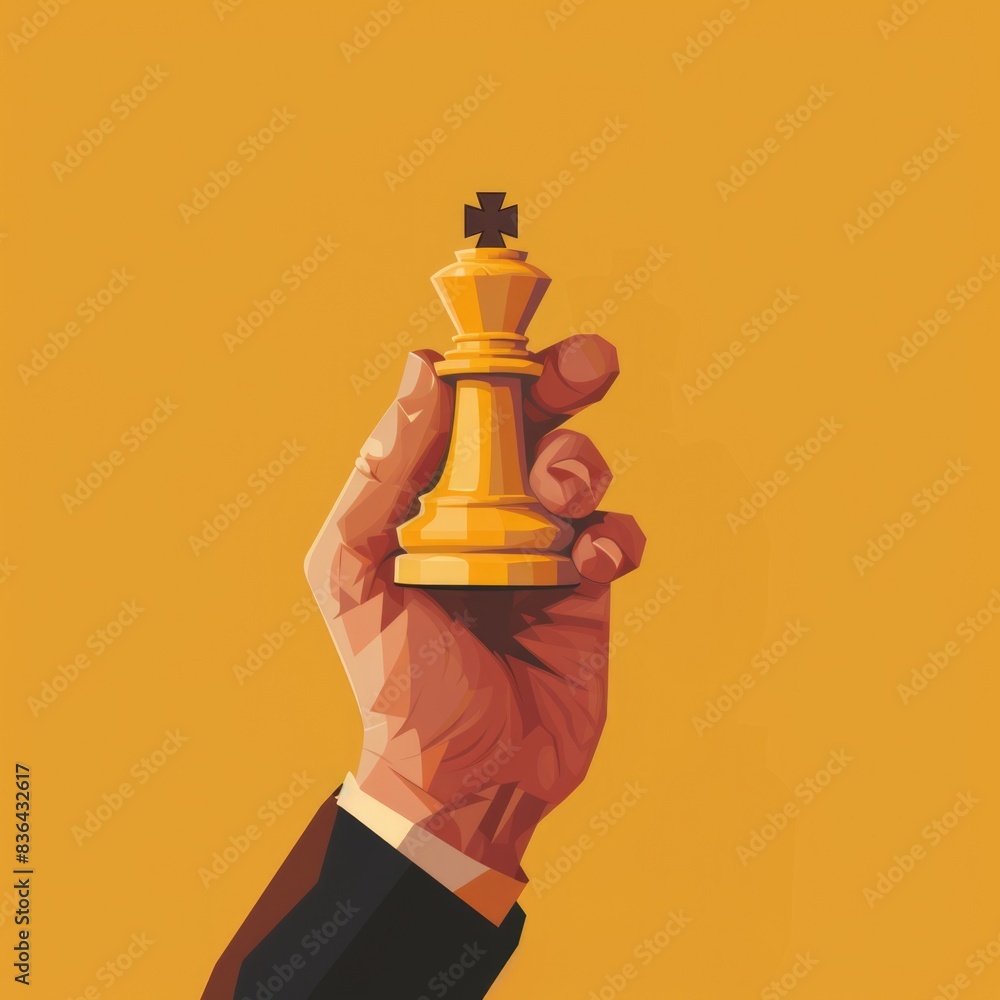 Poster a close-up of a hand holding a chess piece on a yellow background, suitable for use in illustrations
