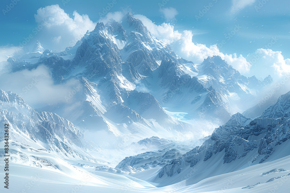 Sticker majestic mountains covered in a blanket of snow. concept of winter landscapes and natural beauty. ge