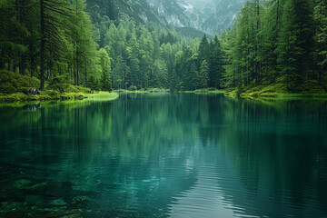 A serene lake reflecting the surrounding forest. Concept of tranquility and nature’s mirror. Generative Ai.