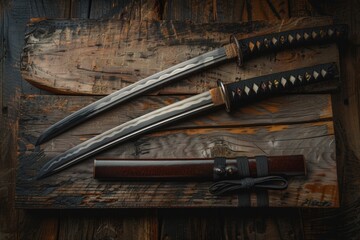 A pair of knives resting on a wooden surface, possibly for display or use