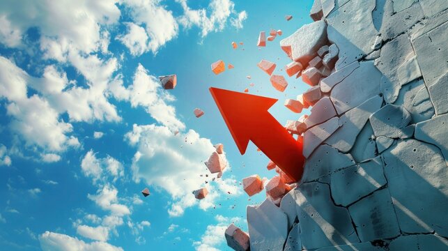 Breakthrough arrow with wall and blue sky. Success and breakthrough concept