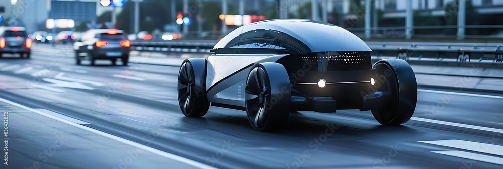 Poster an autonomous car with futuristic design navigating busy highways, featuring a black tire and a whit