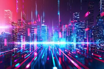 futuristic digital cityscape skyline, vibrant neon colors, technologically advanced society, innovation, progress. generative ai