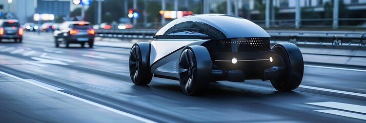 an autonomous car with futuristic design navigating busy highways, featuring a black tire and a white line, with a blurry car in the background