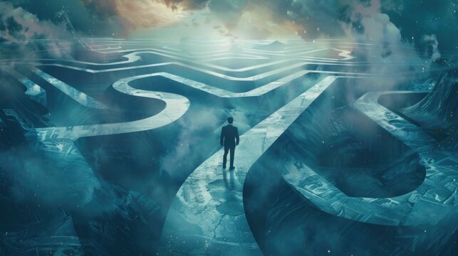 confused businessman thinking make decision on multiple route ahead, futuristic technology. make decision for career path or business growth concept