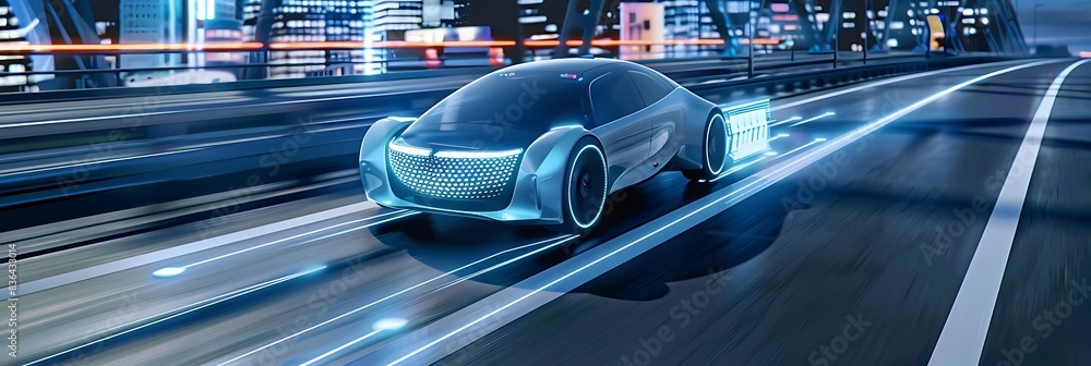Poster an autonomous car with futuristic design navigating busy highways, with a black tire visible on the 