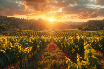Fototapeta premium A picturesque vineyard under a golden sunset. Concept of cultivated landscapes and agricultural beauty. Generative Ai.