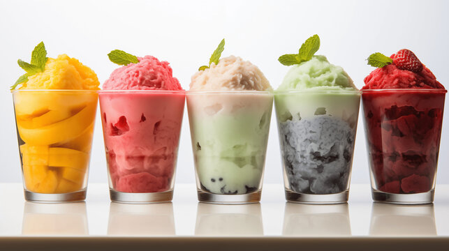Glaces avec diff&eacute;rents parfums et go&ucirc;ts dans un petit pot en verre. Boule de glace, sorbet, smoothie, granit&eacute;. Fruits, fruit&eacute;, frais, glac&eacute;. Nourriture, boisson, sain, d&eacute;licieux, bon. Vacances, &eacute;t&eacute;. 
