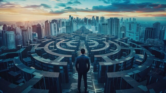 confused businessman thinking make decision on multiple route ahead, futuristic technology. make decision for career path or business growth concept