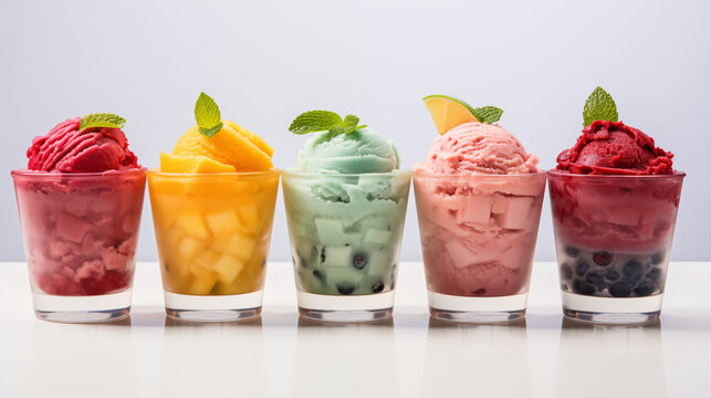 Glaces avec diff&eacute;rents parfums et go&ucirc;ts dans un petit pot en verre. Boule de glace, sorbet, smoothie, granit&eacute;. Fruits, fruit&eacute;, frais, glac&eacute;. Nourriture, boisson, sain, d&eacute;licieux, bon. Vacances, &eacute;t&eacute;. 
