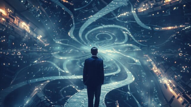 confused businessman thinking make decision on multiple route ahead, futuristic technology. make decision for career path or business growth concept