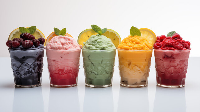 Glaces avec diff&eacute;rents parfums et go&ucirc;ts dans un petit pot en verre. Boule de glace, sorbet, smoothie, granit&eacute;. Fruits, fruit&eacute;, frais, glac&eacute;. Nourriture, boisson, sain, d&eacute;licieux, bon. Vacances, &eacute;t&eacute;. 