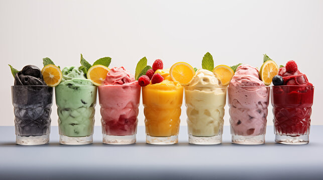 Glaces avec diff&eacute;rents parfums et go&ucirc;ts dans un petit pot en verre. Boule de glace, sorbet, smoothie, granit&eacute;. Fruits, fruit&eacute;, frais, glac&eacute;. Nourriture, boisson, sain, d&eacute;licieux, bon. Vacances, &eacute;t&eacute;. 