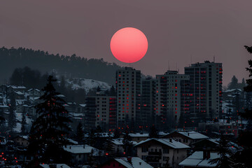 The expansive horizon is dominated by a looming red sun, its intense glow shrouded in a mysterious haze, casting an eerie light over the silhouettes of an apartment complex