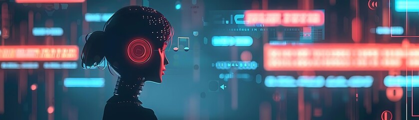 artificial intelligence chatbot standing in front of a red wall, with a red sign in the background