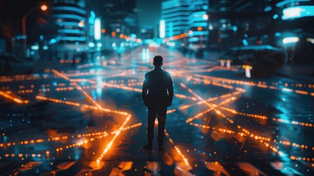 confused businessman thinking make decision on multiple route ahead, futuristic technology