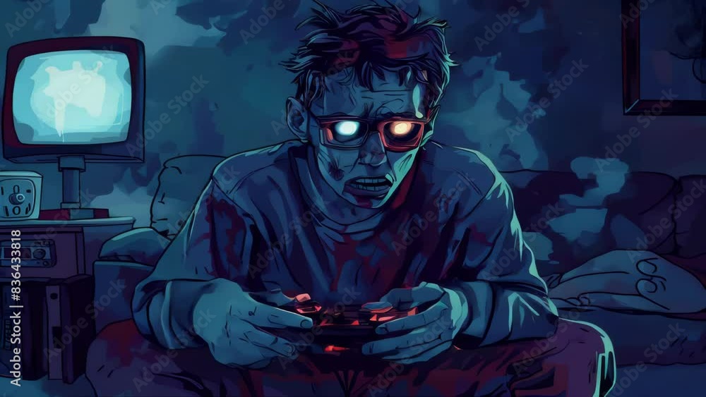Poster a person gaming on a sofa, with a controller in hand.