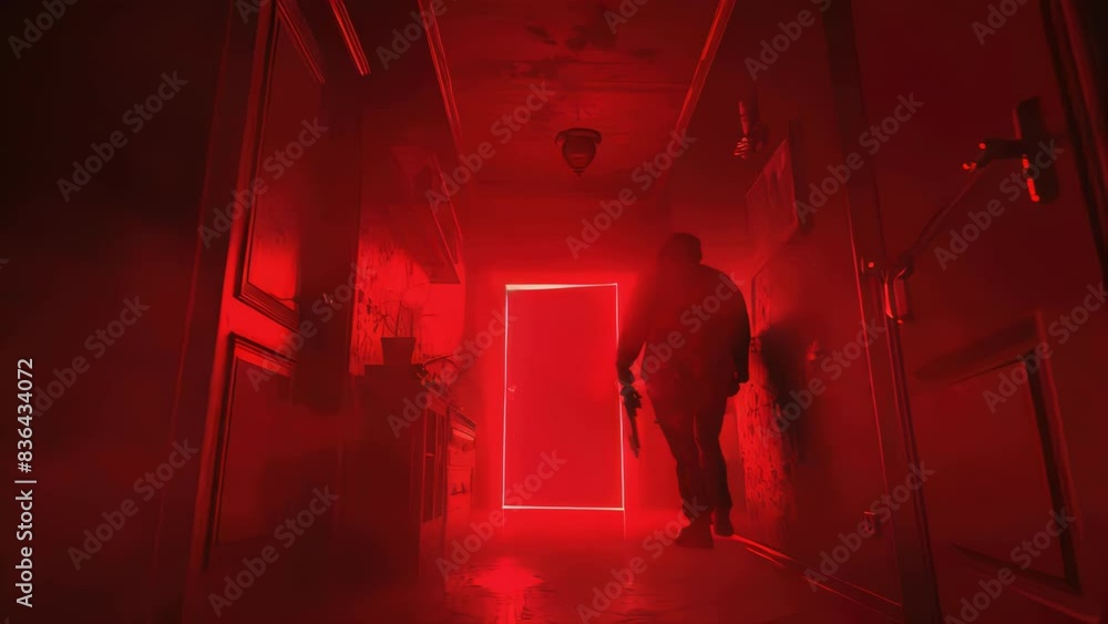 Poster a person sitting or standing in a dimly lit room with a red light source.