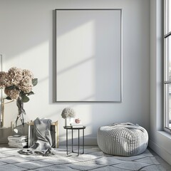 A living room with a template mockup poster empty white. Frame mockup, modern home interior background.