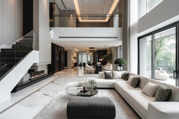 Chinese style white open living room concept with black fabrics.