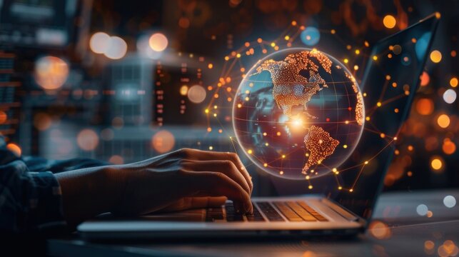 Currency and stock exchange concept. Close up of man hand using laptop computer with money transfer globe background