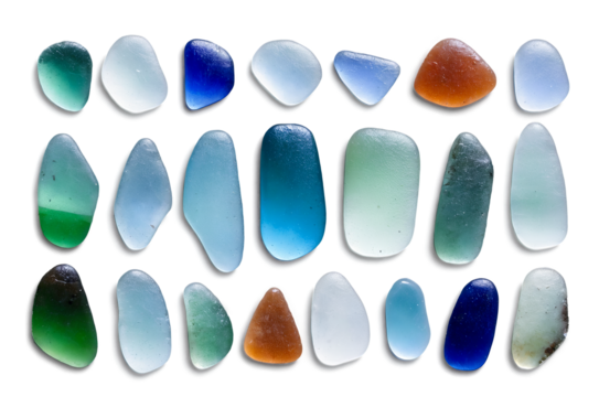 An assortment of colorful sea glass pieces presented on a transparent, png, white background, varied shapes and colors