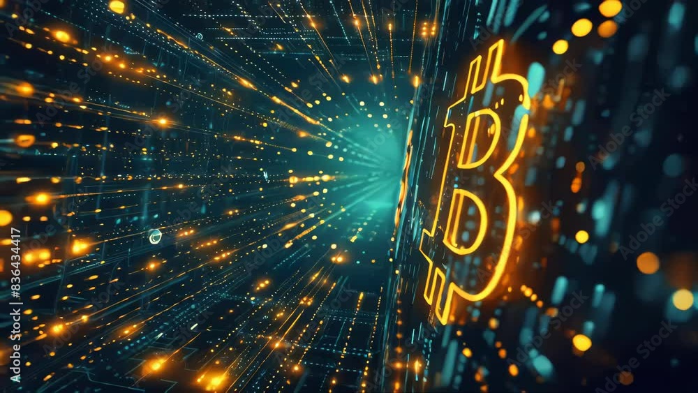 Poster A close-up view of a glowing bitcoin symbol, ideal for use in illustrations about cryptocurrency and technology.