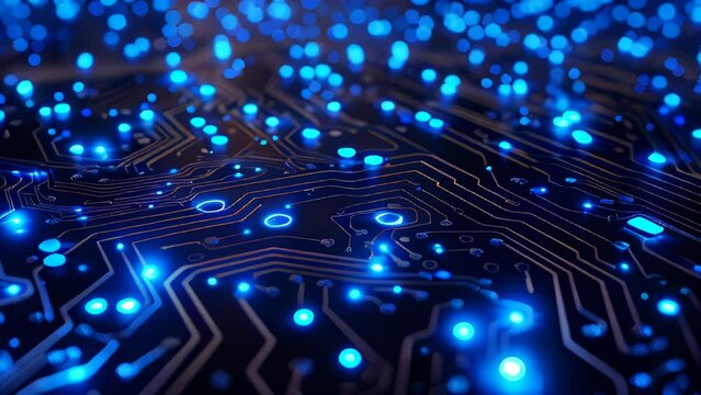 Closeup glowing blue circuit board with intricate patterns and LED light, technological details and vibrant blue hues, futuristic technology , materials for electronics and IT companies