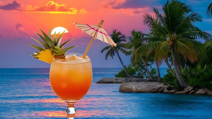 Tequilla sunrise cocktail on background with blue sea and sunrise sky tropical background