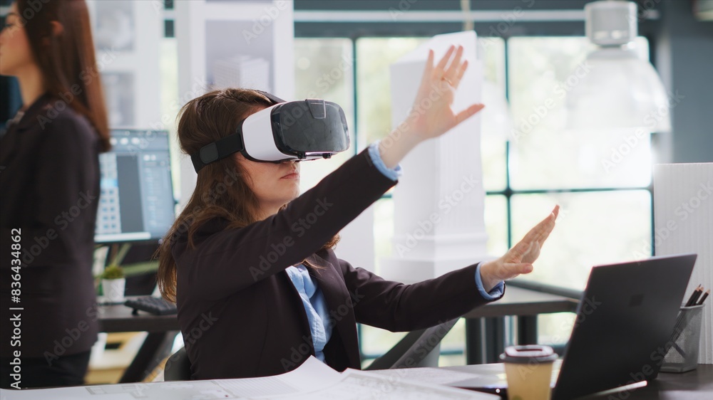 Poster architect designing project blueprints and plans with vr headset, using artificial intelligence to s