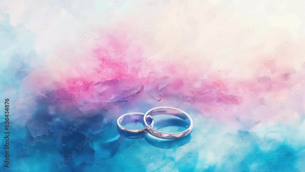 Poster a pair of wedding rings placed on a table, ideal for use in editorial or commercial contexts.