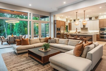 Fototapeta premium Beautiful living room interior in new luxury home with open concept floor plan. Shows kitchen, dining room, and wall of windows with amazing exterior.