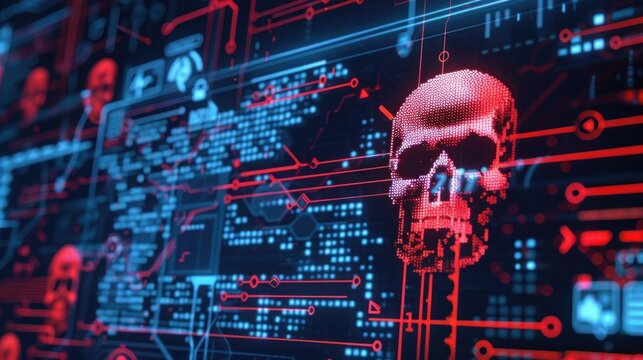 Cyber attack with skull symbol on screen for alert
