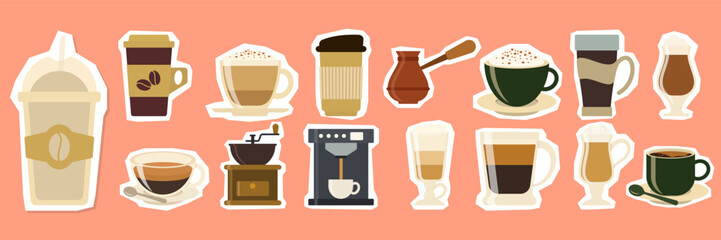 Coffee sticker set. Different types of drinks. Espresso, americano cup, cappuccino and latte in paper mug, iced macchiato in glass. Flat vector illustrations isolated on white background