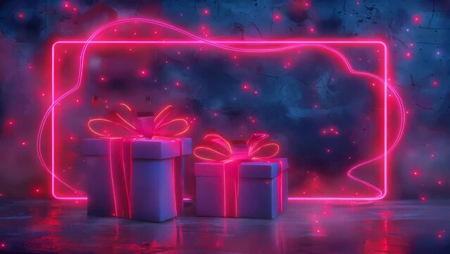 A colorful neon frame holding two gift boxes, perfect for holidays or special occasions.