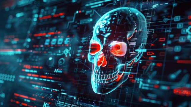 Cyber attack with skull symbol on screen for alert