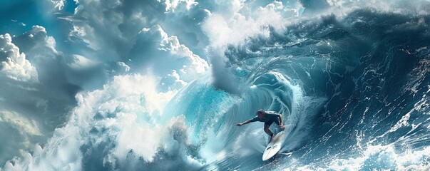 A surfer wiping out on a big wave, with their board flying in the air