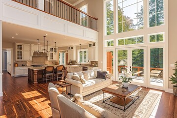 Beautiful and large living room interior with hardwood floors and vaulted ceiling in new luxury home. View of Kitchen, entryway, and second story loft style area.