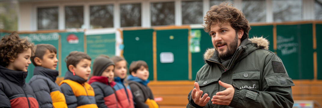 school teacher, giving instructions in the playground, to some distracted students.