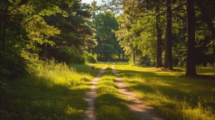 Obraz premium A sunny day in the woods with a lengthy empty grass path