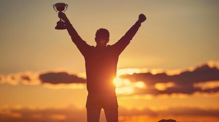 Silhouetted figure reaching towards a shining trophy representing achievement.