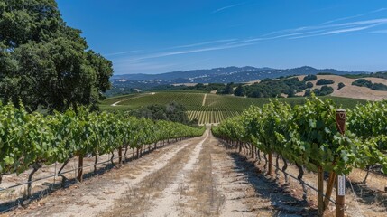 Naklejka premium Images of a vineyard with a pathway and clear blue skies
