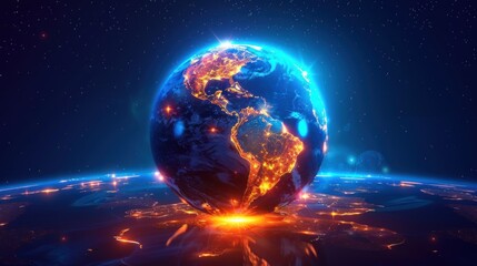 Fototapeta premium Simplistic globe icon with illuminated paths denoting international expansion.