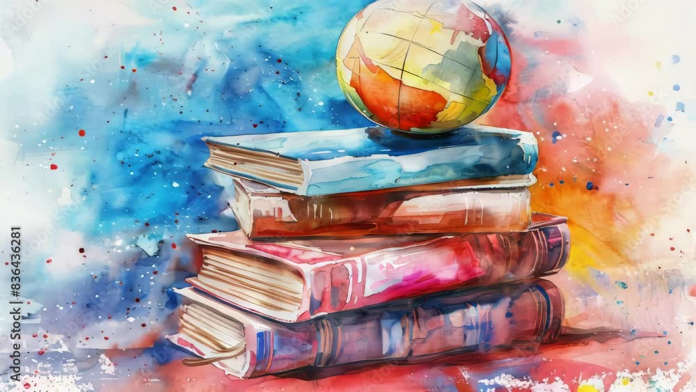 Poster A painting of a globe sitting on top of a stack of books, representing knowledge and exploration.